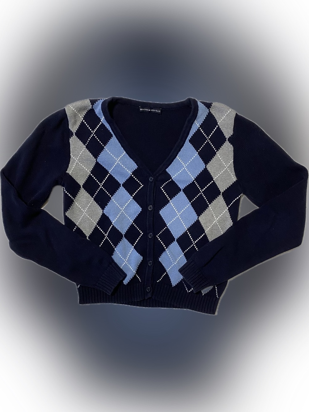 Brandy Melville Navy, Light Blue & Light Gray Argyle V-Neck Cardigan